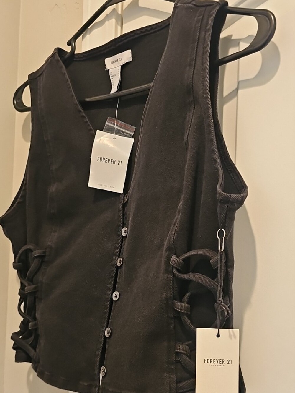 Forever 21 Black Lace-Up Button Front Vest - Picture 2 of 4